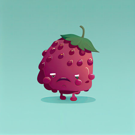 cute raspberry cartoon character sad, cartoon style, modern simple illustrationの写真素材