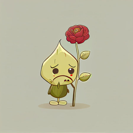 cute rose flower cartoon character sad, cartoon style, modern simple illustrationの写真素材