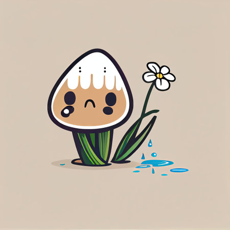 cute snowdrop flower cartoon character sad, cartoon style, modern simple illustrationの写真素材