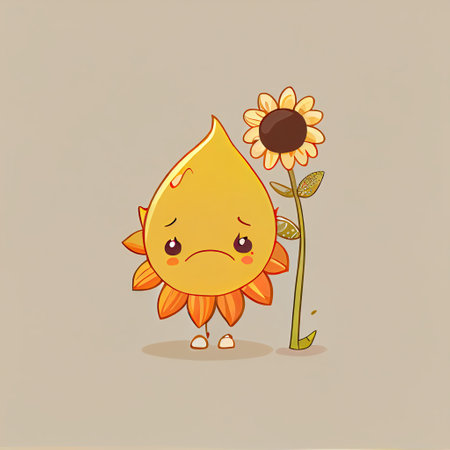 cute sun flower flower cartoon character sad, cartoon style, modern simple illustrationの写真素材