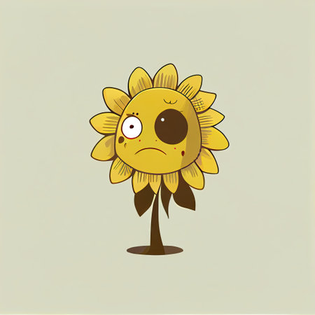 cute sun flower cartoon character sad, cartoon style, modern simple illustrationの写真素材