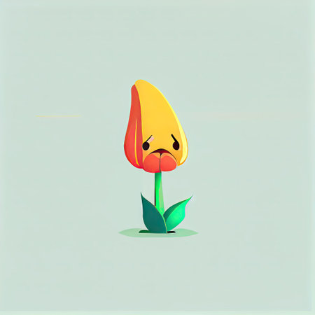 cute tulip flower cartoon character sad, cartoon style, modern simple illustrationの写真素材