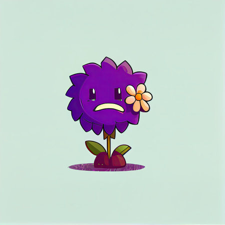 cute violet flower cartoon character sad, cartoon style, modern simple illustrationの写真素材