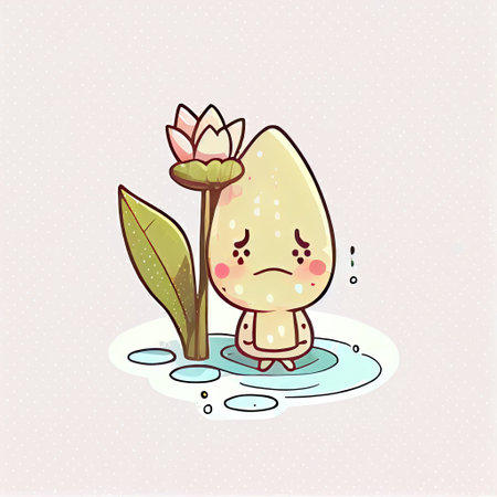 cute waterlily flower cartoon character sad, cartoon style, modern simple illustrationの写真素材