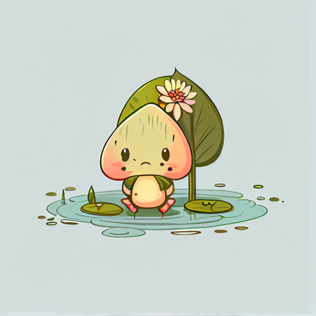 cute waterlily flower cartoon character sad, cartoon style, modern simple illustrationの写真素材