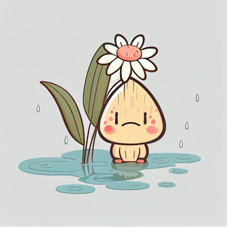 cute waterlily flower cartoon character sad, cartoon style, modern simple illustrationの写真素材