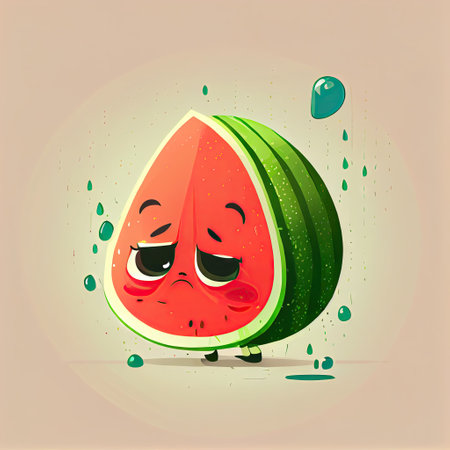 cute watermelon cartoon character sad, cartoon style, modern simple illustrationの写真素材