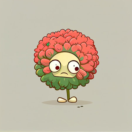 cute zinnia flower cartoon character sad, cartoon style, modern simple illustrationの写真素材
