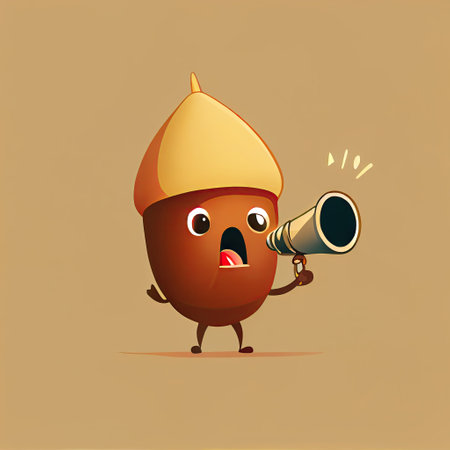 cute acorn cartoon character shouts into megaphone, cartoon style, modern simple illustrationの写真素材