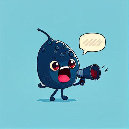 cute blackchokeberry cartoon character shouts into megaphone, cartoon style, modern simple illustrationの写真素材