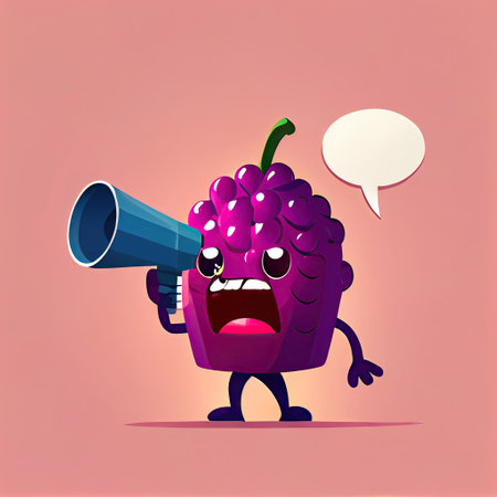 cute boysenberry cartoon character shouts into megaphone, cartoon style, modern simple illustrationの写真素材