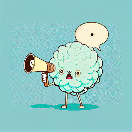 cute chrysanthemum flower cartoon character shouts into megaphone, cartoon style, modern simple illustrationの写真素材