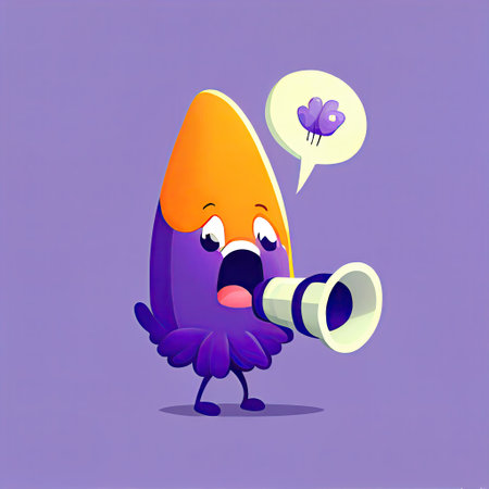cute crocus flower cartoon character shouts into megaphone, cartoon style, modern simple illustrationの写真素材