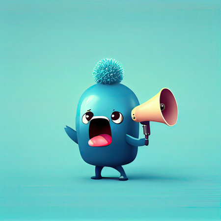 cute crowberry cartoon character shouts into megaphone, cartoon style, modern simple illustrationの写真素材
