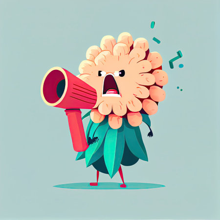 cute dahlia flower cartoon character shouts into megaphone, cartoon style, modern simple illustrationの写真素材