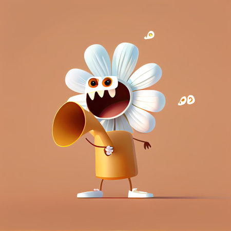 cute daisy flower cartoon character shouts into megaphone, cartoon style, modern simple illustrationの写真素材