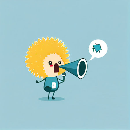 cute dandelion flower cartoon character shouts into megaphone, cartoon style, modern simple illustrationの写真素材