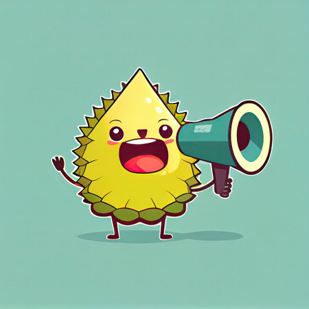 cute durian cartoon character shouts into megaphone, cartoon style, modern simple illustrationの写真素材