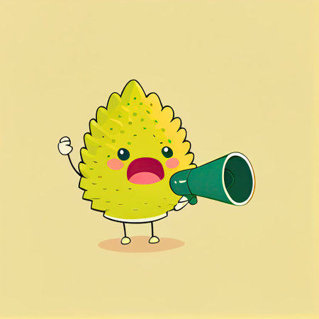 cute durian cartoon character shouts into megaphone, cartoon style, modern simple illustrationの写真素材