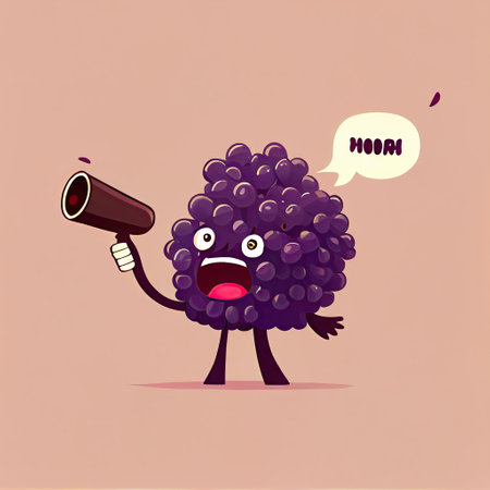 cute elderberry cartoon character shouts into megaphone, cartoon style, modern simple illustrationの写真素材