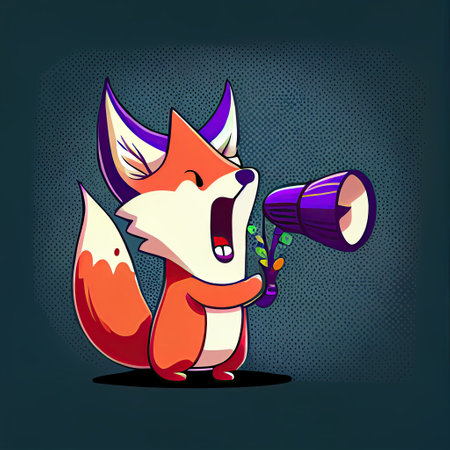 cute foxglove flower cartoon character shouts into megaphone, cartoon style, modern simple illustrationの写真素材