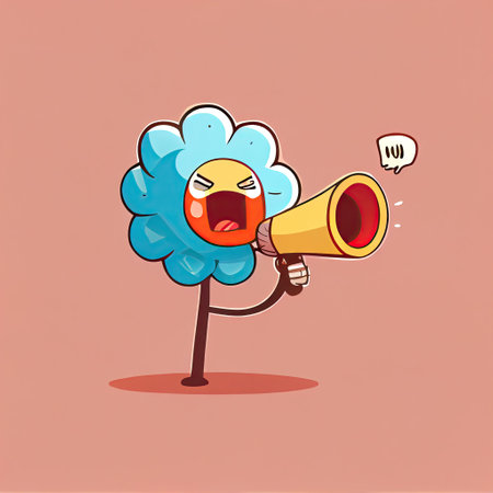 cute gerbera flower cartoon character shouts into megaphone, cartoon style, modern simple illustrationの写真素材