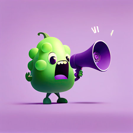 cute grape cartoon character shouts into megaphone, cartoon style, modern simple illustrationの写真素材