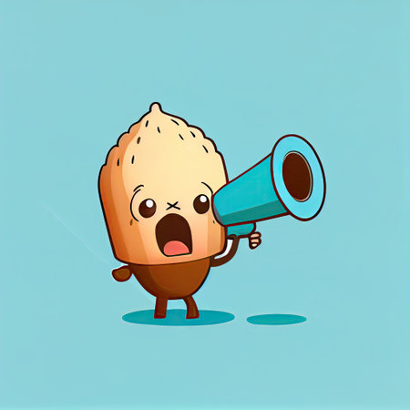 cute hazelnut cartoon character shouts into megaphone, cartoon style, modern simple illustrationの写真素材