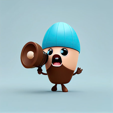 cute hazelnut cartoon character shouts into megaphone, cartoon style, modern simple illustrationの写真素材
