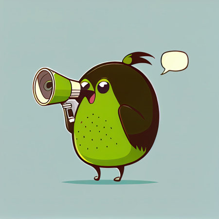cute kiwi cartoon character shouts into megaphone, cartoon style, modern simple illustrationの写真素材