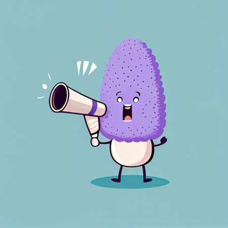 cute lavender flower cartoon character shouts into megaphone, cartoon style, modern simple illustrationの写真素材