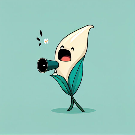cute lily flower cartoon character shouts into megaphone, cartoon style, modern simple illustrationの写真素材