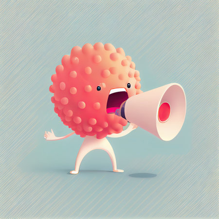 cute lychee cartoon character shouts into megaphone, cartoon style, modern simple illustrationの写真素材