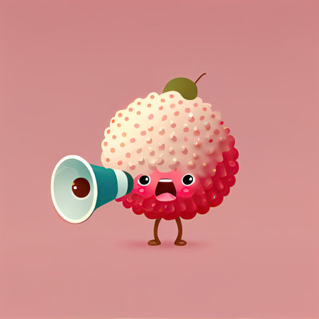 cute lychee cartoon character shouts into megaphone, cartoon style, modern simple illustrationの写真素材