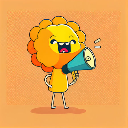 cute marigold flower cartoon character shouts into megaphone, cartoon style, modern simple illustrationの写真素材