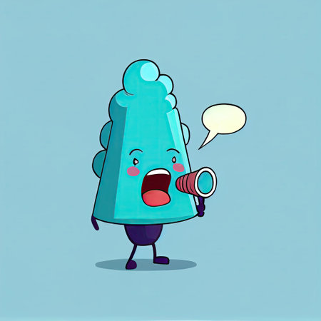 cute mulberry cartoon character shouts into megaphone, cartoon style, modern simple illustrationの写真素材
