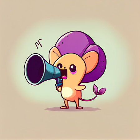cute orchid flower cartoon character shouts into megaphone, cartoon style, modern simple illustrationの写真素材