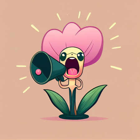 cute orchid flower cartoon character shouts into megaphone, cartoon style, modern simple illustrationの写真素材