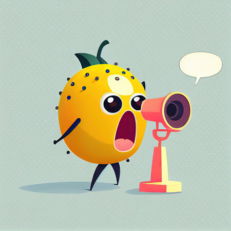 cute passionfruit cartoon character shouts into megaphone, cartoon style, modern simple illustrationの写真素材