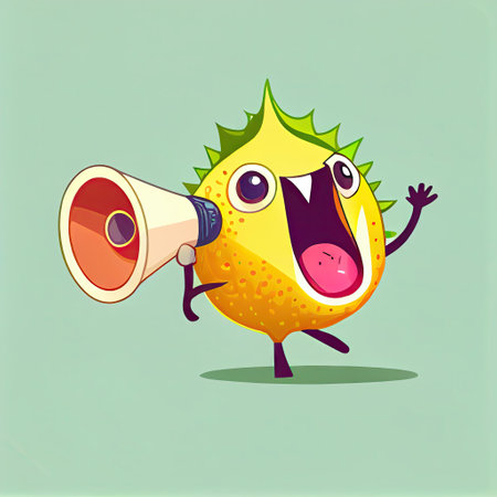 cute passionfruit cartoon character shouts into megaphone, cartoon style, modern simple illustrationの写真素材