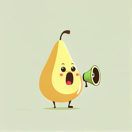 cute pear cartoon character shouts into megaphone, cartoon style, modern simple illustrationの写真素材