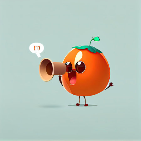 cute persimmon cartoon character shouts into megaphone, cartoon style, modern simple illustrationの写真素材