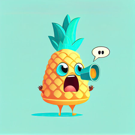 cute pineapple cartoon character shouts into megaphone, cartoon style, modern simple illustrationの写真素材