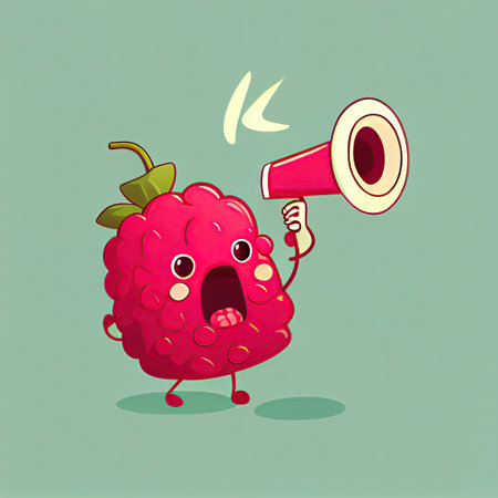 cute raspberry cartoon character shouts into megaphone, cartoon style, modern simple illustrationの写真素材