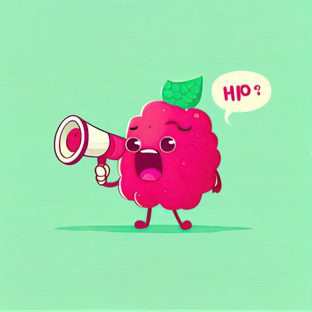 cute raspberry cartoon character shouts into megaphone, cartoon style, modern simple illustration