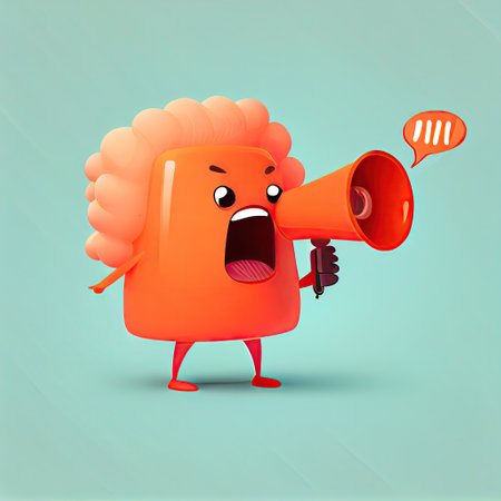 cute salmonberry cartoon character shouts into megaphone, cartoon style, modern simple illustrationの写真素材