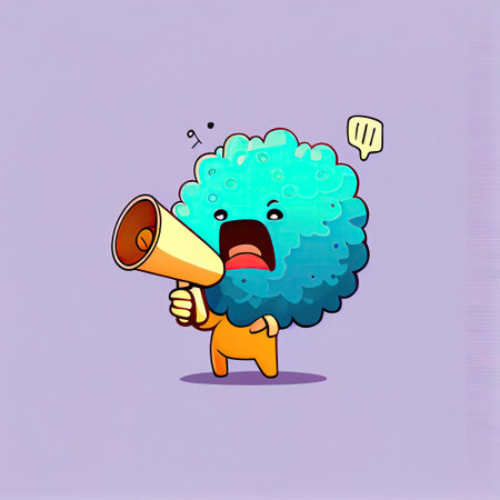 cute statice flower cartoon character shouts into megaphone, cartoon style, modern simple illustrationの写真素材