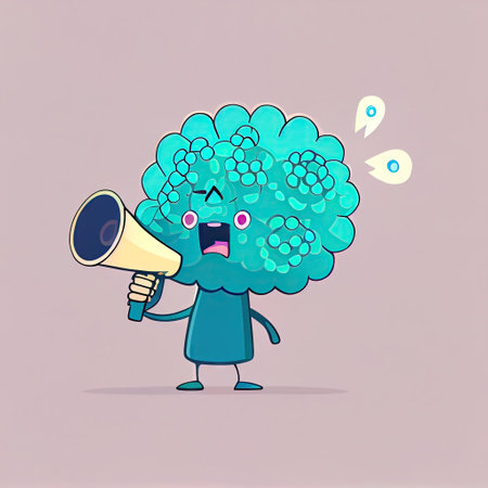cute statice flower cartoon character shouts into megaphone, cartoon style, modern simple illustrationの写真素材