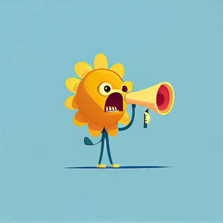 cute sun flower flower cartoon character shouts into megaphone, cartoon style, modern simple illustrationの写真素材