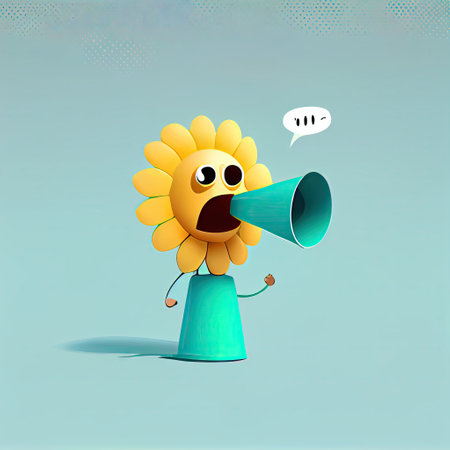 cute sun flower flower cartoon character shouts into megaphone, cartoon style, modern simple illustrationの写真素材